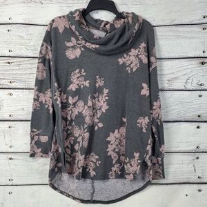 Maurices Cowl Neck Floral Hoodie Gray Pink Pullover Top Women’s Size M Long Slee